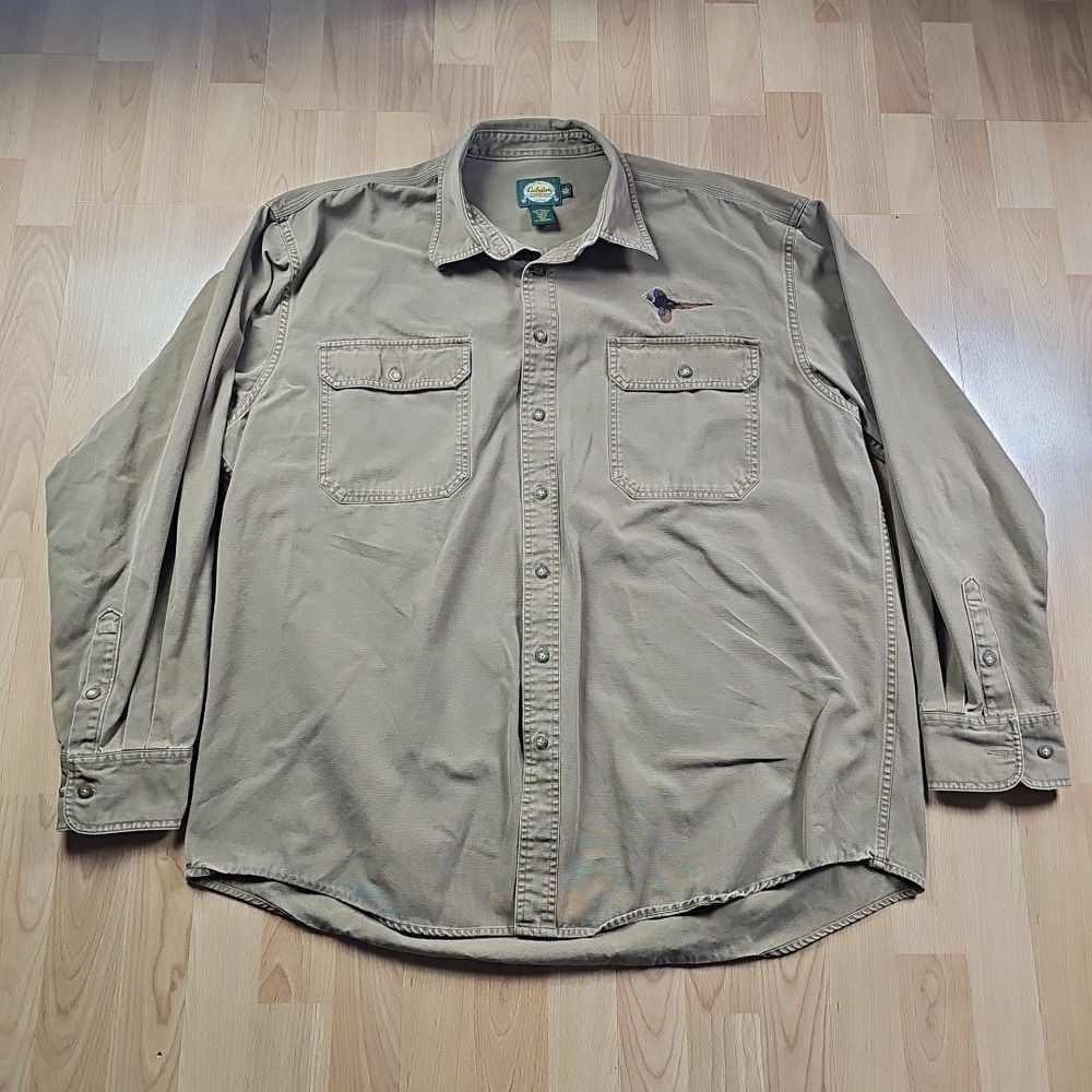 Cabela's Button Down Shirt Mens 2XL Tall Khaki Pheasant Cotton‎ Canvas Outdoor